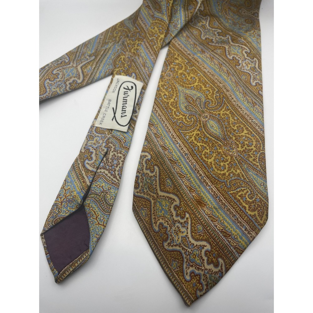 John Comfort London England Silk Paisley Tie Gold Blue Brown Made in England